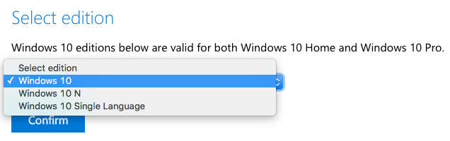 ・選擇要下載的 Windows 10 版本，Pro 版和 Home 版都是用同一個 ISO 來安裝。