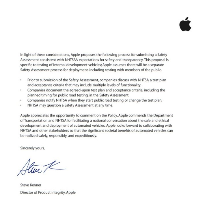 產品整合總監 Steve Kenner 代表蘋果向美國國家公路交通安全管理局發出信件。
