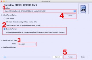 開啟 SDFormatter ，依序選擇 microSD 卡、完全覆寫它，並給它起個名。