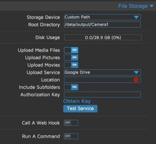 Storage Device 可以設定照片影片儲存在網絡碟機內；Upload Media Files 可以同時將照片影片上傳到雲端空間；Run A Command 就是用來執行操控硬件或發出推播信息的命令。