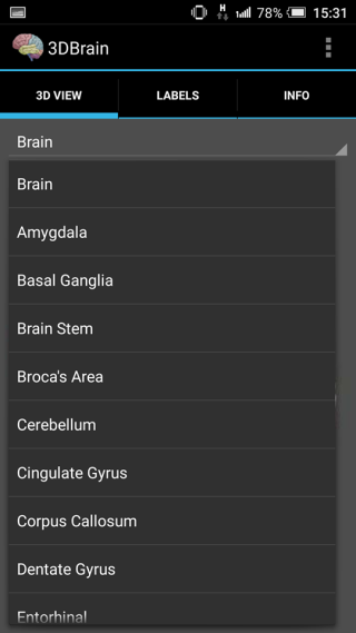 3DBrain 中包含了 20 多個腦部 分區。