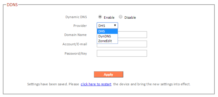 DDNS 服務商可選 DynDNS、DHS 及 ZoneEdit。