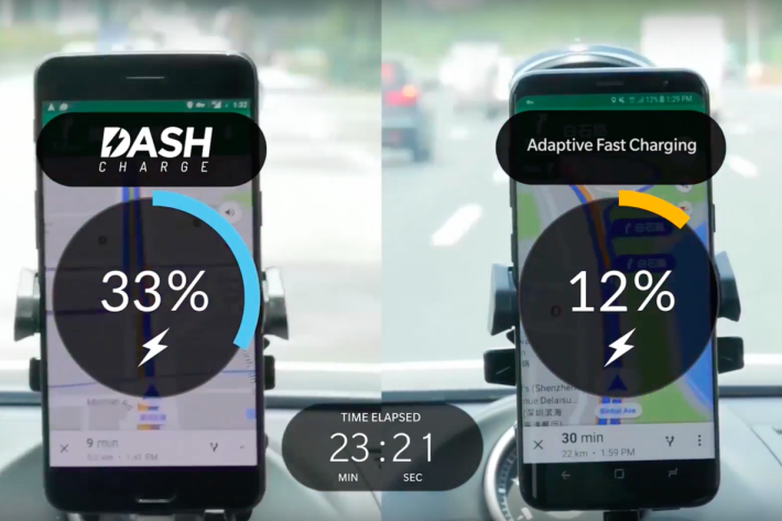 「Dash Charge」快充正面與 Samsung 的 Adaptive Fast Charging技術 PK，速度更快。