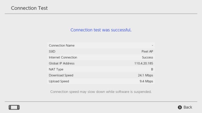 實際試驗，當使用有Dynamic IP 服務的 csl 流動網絡，即可用hotspot成功分享流動數據予 Switch 作正常連線，而 NAT Type 會顯示為「B」。