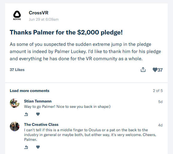 Revive 開發者在 Patreonpage 籌款網站答謝 Oculus 創辦人的注資。
