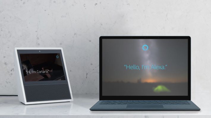 Alexa 終端裝置之一的 Echo Show （左）和備有 Cortana 的 Windows 10 筆電。