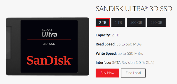SanDisk Ultra 3D SSD 的規格與 WD Blue 3D NAND SSD 一樣，但沒有 M.2 規格。
