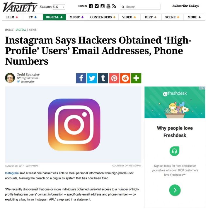 早前多個媒體披露有名人聯絡資料透過 Instagram 被洩露