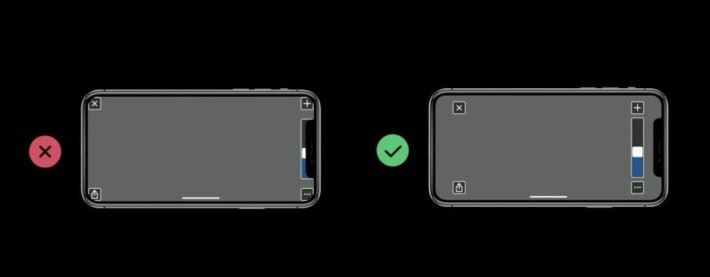 另外因為 iPhone X 四邊都是圓角，開發者需注意不應把按鈕貼近圓角邊緣，應把按鈕往內放。