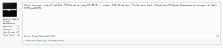 Eurocom 在譠壇帖子表示將把 Tornado F5 更新至 Z390 晶片來支援 8C16T 新 CPU。（可按圖放大）