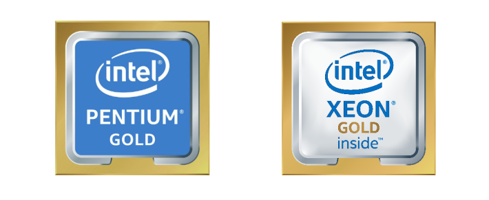左邊的 Pentium Gold 及右邊的 Xeon Gold Logo，設計很相似。