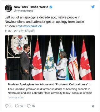 導致紐約時報帳戶被封鎖的報道，是有關加拿大總理杜魯多向原住民謝罪的報道。