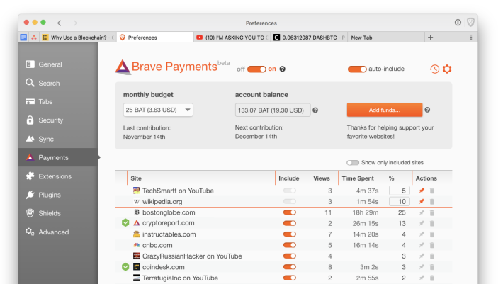 Brave Payment 為用戶提供匿名直接贊助網站營運者和 YouTube 播客的方法