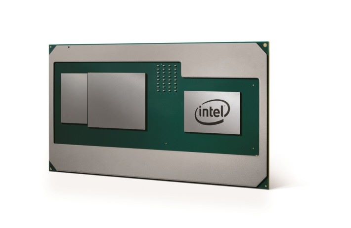 新一代 Intel CPU 會針對纖薄 Notebook 市場，內有 Intel 處理器核心（右）、AMD Radeon GPU（中）、及 HBM2 GPU 記憶體（左）。
