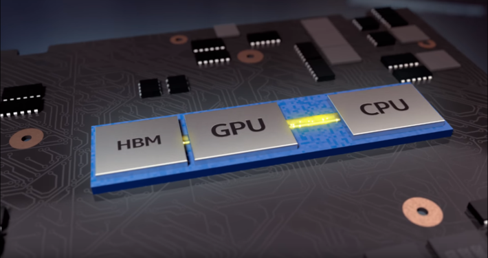 新 CPU 的內部包含處理器核心、GPU 及 HBM2。HBM2 以 EMIB 連接 GPU，而 GPU 應該會用 PCIe 連接處理器核心。