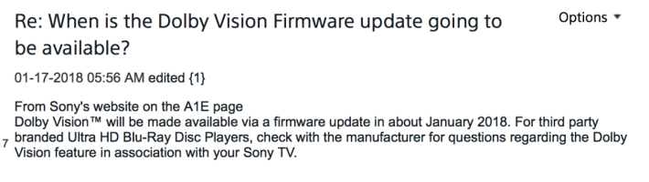 ．Sony 過走表示過 Dolby Vision 升級後，可以對應相應的 UHD 影碟機，但目前並未兌現。