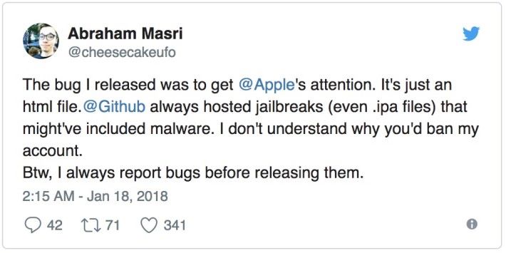 Masri 在被 GitHub 暫停帳戶後在 Twitter 上投訴，因為他只是貼一個網頁檔案，反而放含有惡意程式的越獄 App 都沒有被 Ban。