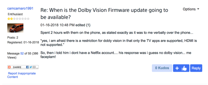 ．有用動在美國 Sony 官方討論區留言，表示發現未能接駁 HDMI 使用 Dolby Vision，令不少用戶表示驚訝。