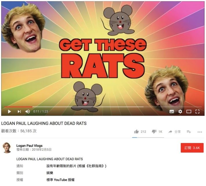 Logan Paul 月初貼出玩弄死老鼠的影片加了年齡限制，但到現在還沒有被抽走。