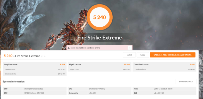 3DMark Fire Strike Extreme 則有 5240 分，表現不俗。
