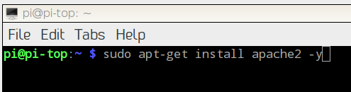開 啟 樹 莓 派 的 Terminal ， 輸入「 sudo apt-get install apache2 -y 」就會自動下載及安裝。