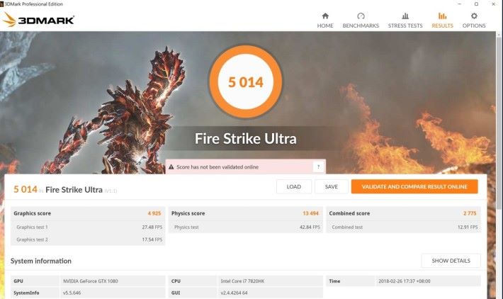  Fire Strike Ultra 於極速模式分數並沒有明顯再提高，但輕易於 4K 玩盡最新遊戲。