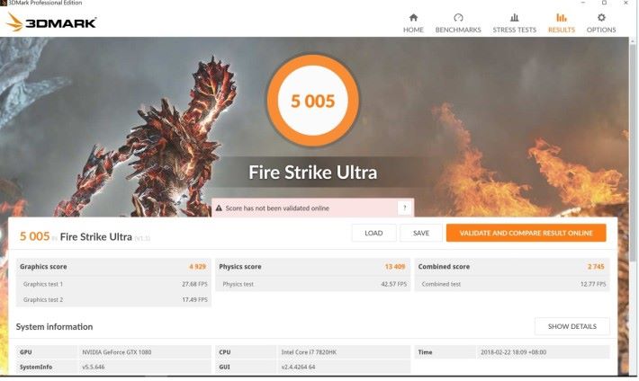 一般模式下於 Fire Strike Ultra 取得 5,005分，高於平均值4,500 分