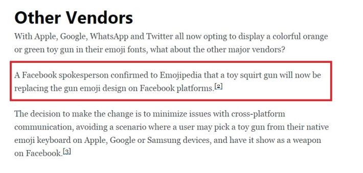 Facebook 雖然目前仍然沿用真槍 Emoji ，但他們已經向 Emojipedia 確認將會變更為玩具槍外型。