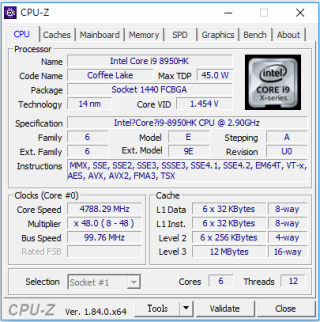 CPU-Z 顯示 Intel Core i9-8950HK 。