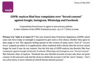 歐洲保護私隱組織 noyb 在 GDPR 生效後即向 Facebook 及 Google 等提出訴訟