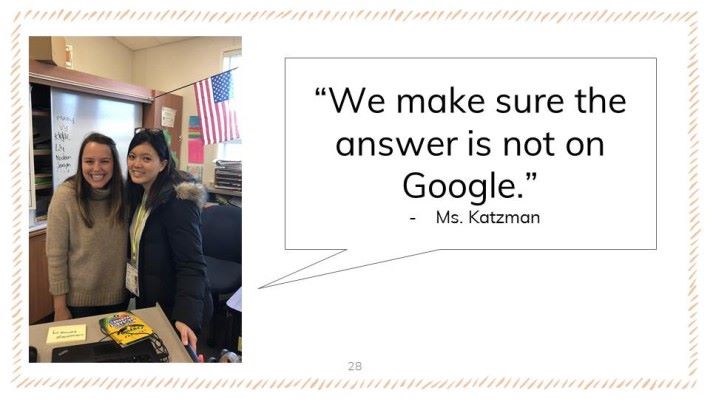 （左） Ms. Katzman 向分享梁靜巒主任（右）教育心得是「 We make sure the answer is not on google. 」。