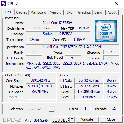 CPU-Z 顯示 i7-8750H 的資料。