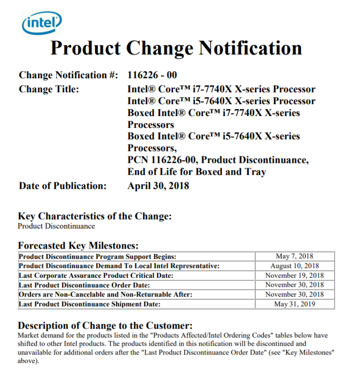 Intel Kaby Lake-X CPU 的 EOL 公告。