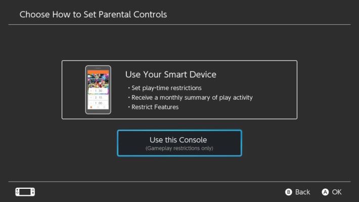 Step 4 ：如果想不用手機的話，大家也可以直接在 Switch 上進行家長模式設定，只要選擇「 use this console 」即可。設定步驟基本上沒有分別，只是不會有遊玩時間限制等功能，只有最基本的內容限制。