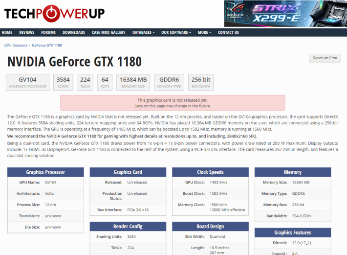 NVIDIA GTX 1180 顯示卡規格於 TechPowerUp 資料庫曝光。