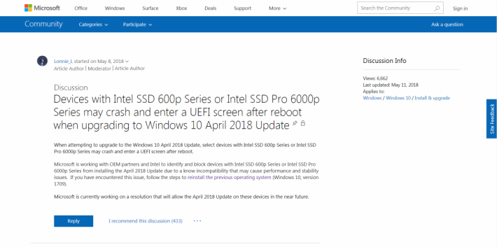 Windows 承諾會盡快解決 Fall Update 的 Intel SSD 故障。