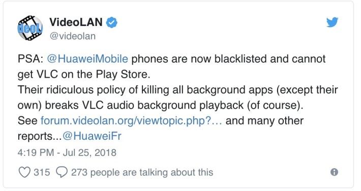 VideoLAN 在 Twitter 上宣布封殺華為手機