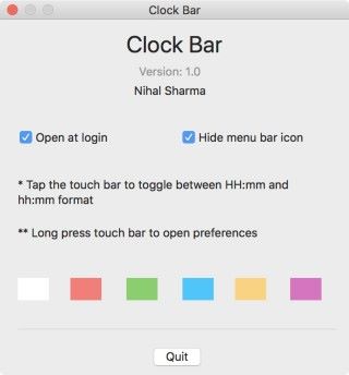 《 Clock Bar 》的設定很簡單，只有「自啟動」、「隱藏圖示」和字體顏色三項。 Quit 就可以關閉程式。