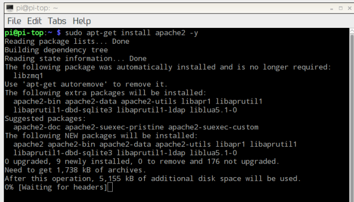 開啟樹莓派的 Terminal ，輸入 sudo apt-get install apache2 -y