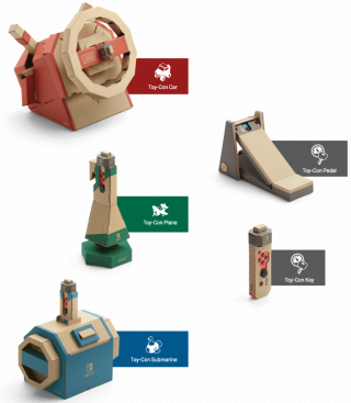 5 款紙皮控制器：軚盤 Toy-Con Car 、腳掣 Toy-Con Pedal 、飛機搖桿 Toy-Con Plane 、車匙 Toy-Con Key 和潛艇控制器 Toy-Con Submarine 。