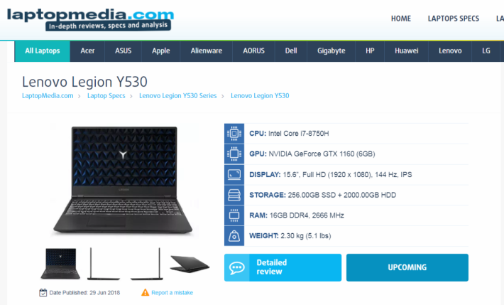 LaptopMedia 於網站張貼 GTX 1160 版 Lenovo Legion Y530 的詳細規格。