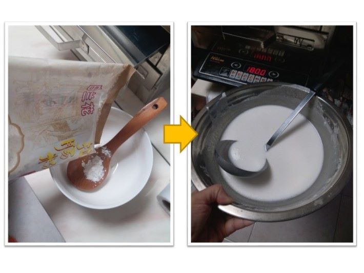 Step 1: 首先混合粉與水的比例是 1 比 2 ， 即是假如用 250 克的混合粉就要加入 250×2=500 克的水拌勻，至完全沒有粉粒，再加入油及拌勻。