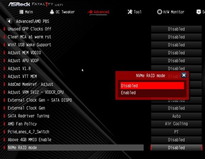AMD B450 主機板 BIOS 普遍提供 NVMe RAID Mode 選項。
