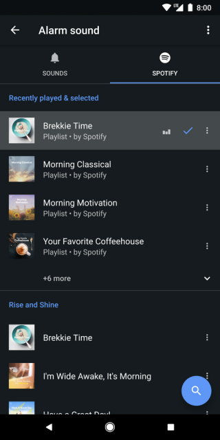Android Clock 的響鬧設定中，多了 Spotify 一頁，免費用戶都可以用。