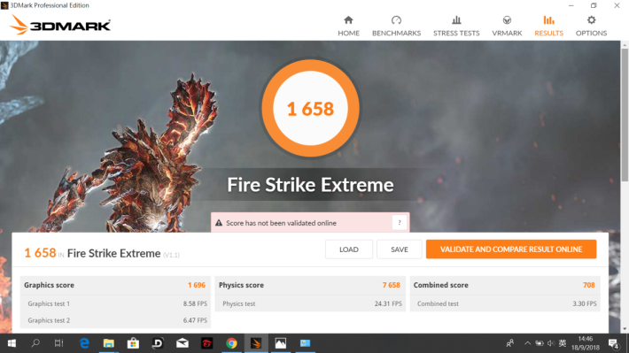 3DMark Fire Strike Extreme 跑出 1,658分，成績高於同類型機種的平均。