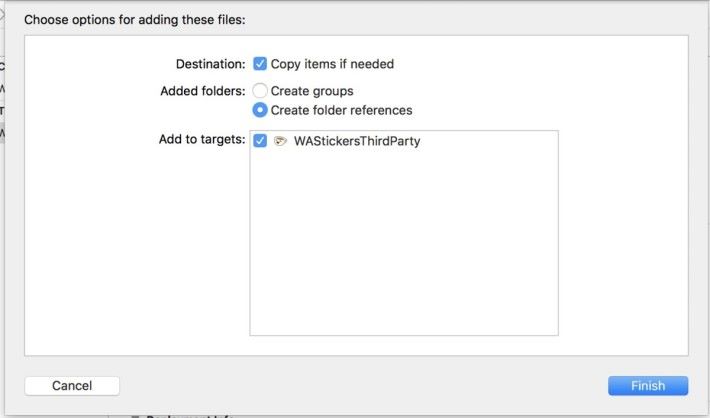 4. 逐一把你的貼圖檔案抓到 XCode 左邊欄的 SampleStickers 文件夾裡，確認 Copy items if needed 和 WAStickersThirdParty 都有打勾後就按 Finish 加入；