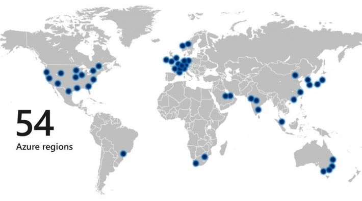 全球 54 個地區 Azure 資料中心預計將會為 104 個國家地區提供該服務。