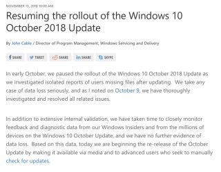 Microsoft 宣布重推 Windows 10 October 2018 Update (1809)