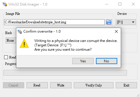 4. 選取 IMG 檔後按「 Write 」按鈕就可以將 IMG 檔還原燒錄到另一張 micro SD 卡，開始前會提醒用戶這樣做會將卡上原來的資料完全刪除，要用戶確認。
