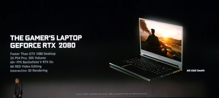 NVIDIA 於發表會介紹 MSI GS65 Stealth，稱其 RTX 2080 Max-Q 比 GTX 1080 桌電版顯示卡快。